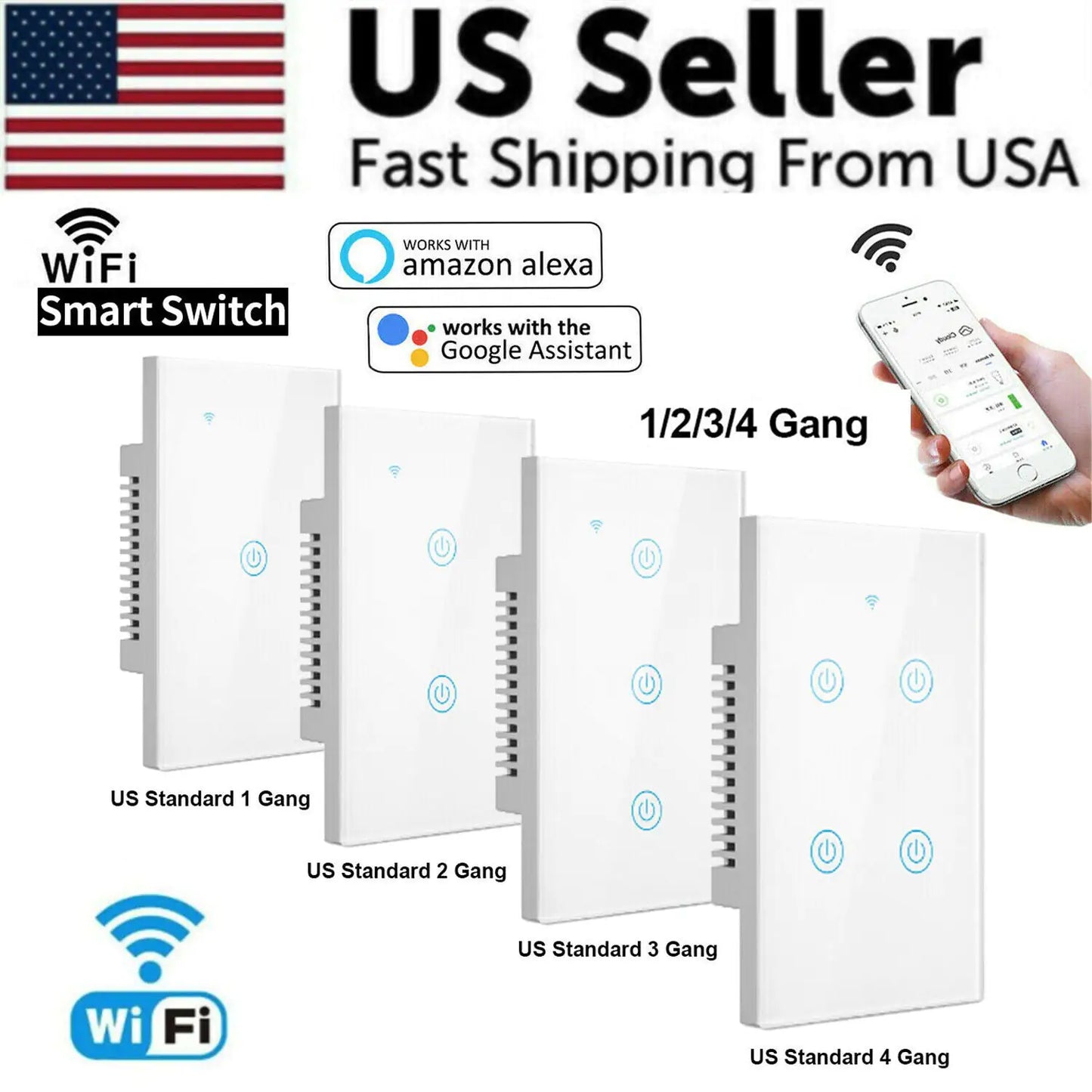 1/2/3/4-Gang Wi-Fi Smart Touch Light Switch – Glass Panel, Alexa/Google