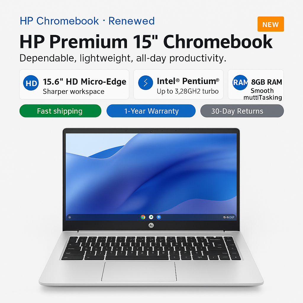 HP 15" Chromebook HD Micro-Edge | Intel Pentium up to 3.28GHz | 8GB RAM (Renewed)
