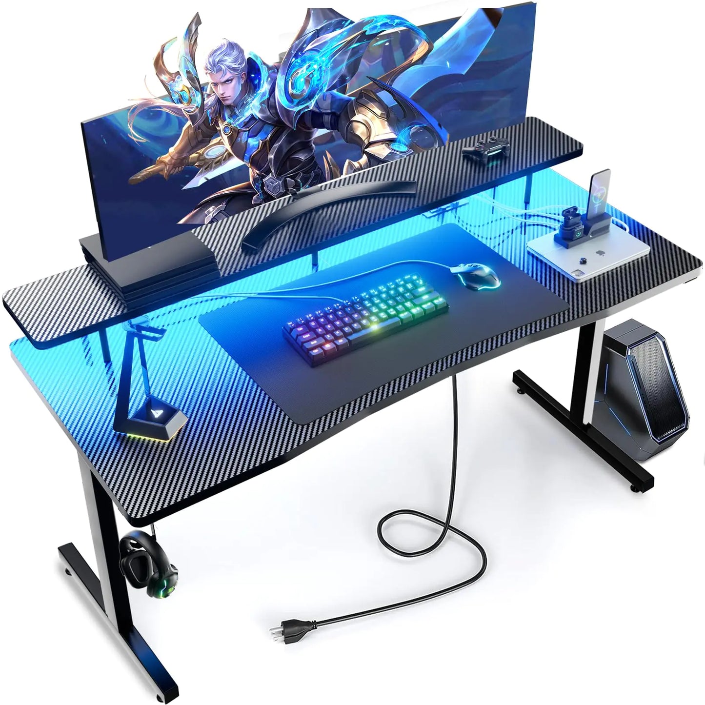 GTRACING 55" RGB Gaming Desk with Power Outlets, LED Lights & Monitor Stand