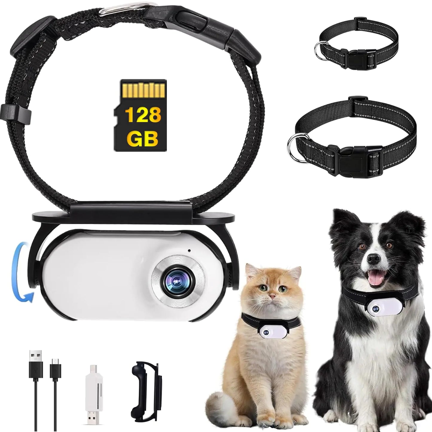 Pet Collar Camera 1080P with 128GB – Adjustable Silicone Collar, 0.96" Screen